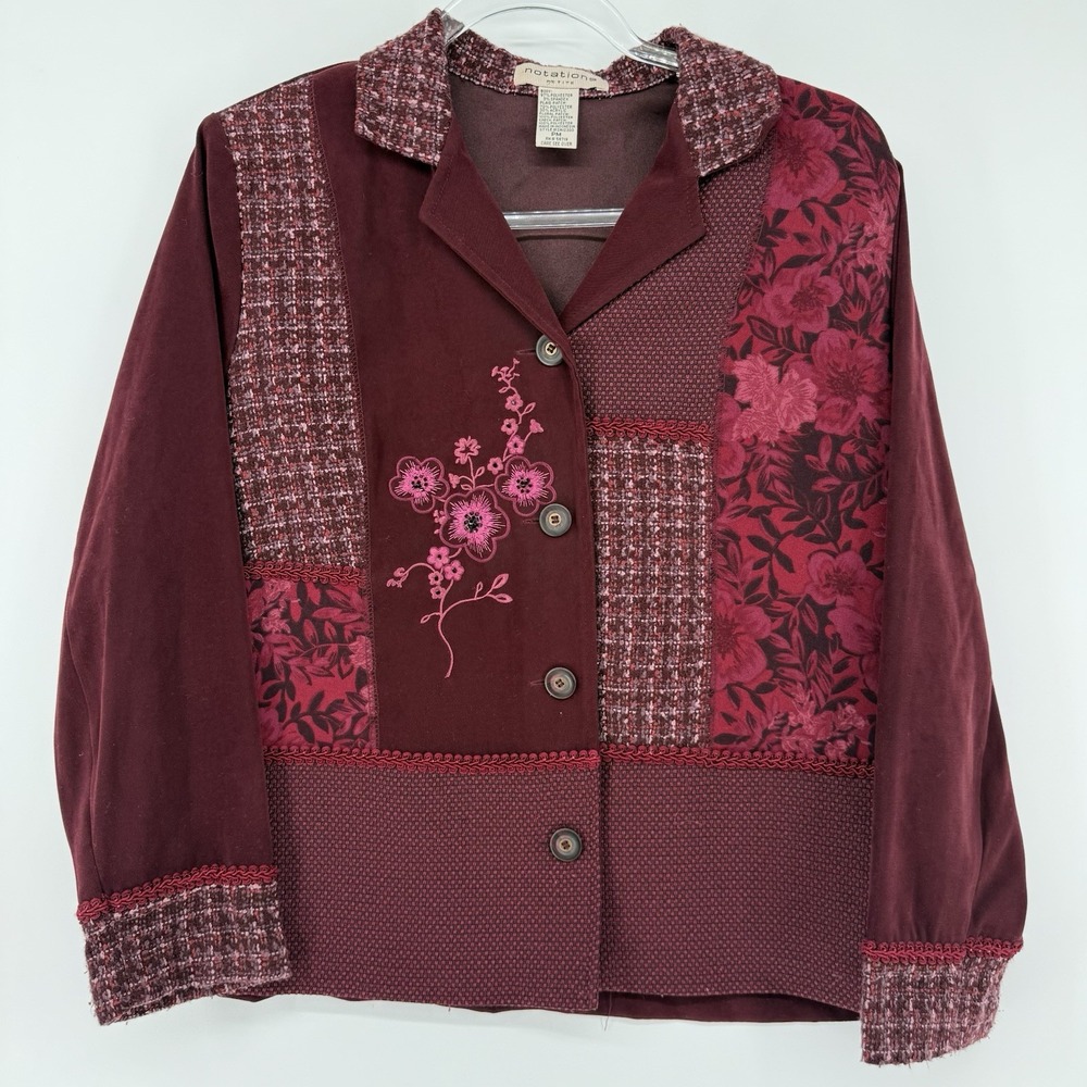 Notations Jacket Womens Burgundy Velvet Patchwork Embroidered Boho Y2K PM Granny